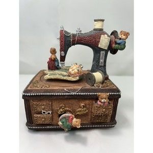 San Francisco Music Box‎ Co Animated Sewing Machine Bears Buttons And Bows HTF